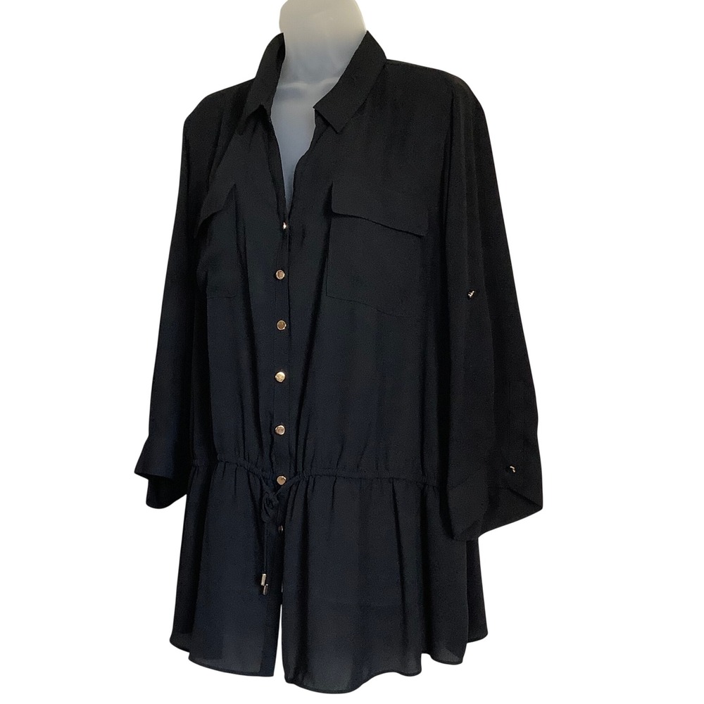 Lane Bryant Womens Black Chiffon Drawstring Waist Tunic Top Gold Buttons 22/24 - Picture 7 of 9